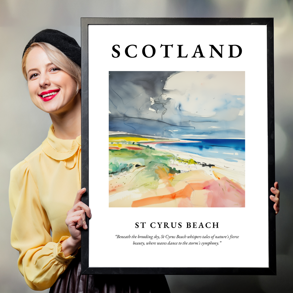 Person holding a poster of St Cyrus Beach