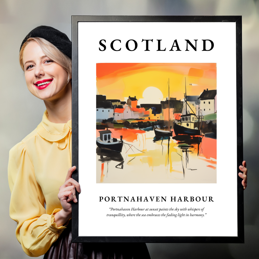 Person holding a poster of Portnahaven Harbour