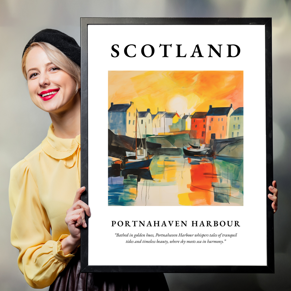 Person holding a poster of Portnahaven Harbour