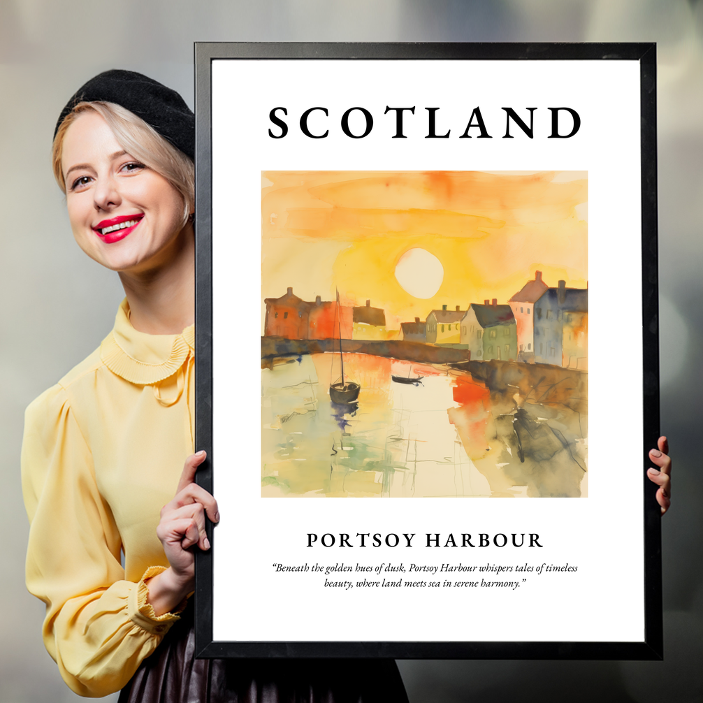 Person holding a poster of Portsoy Harbour