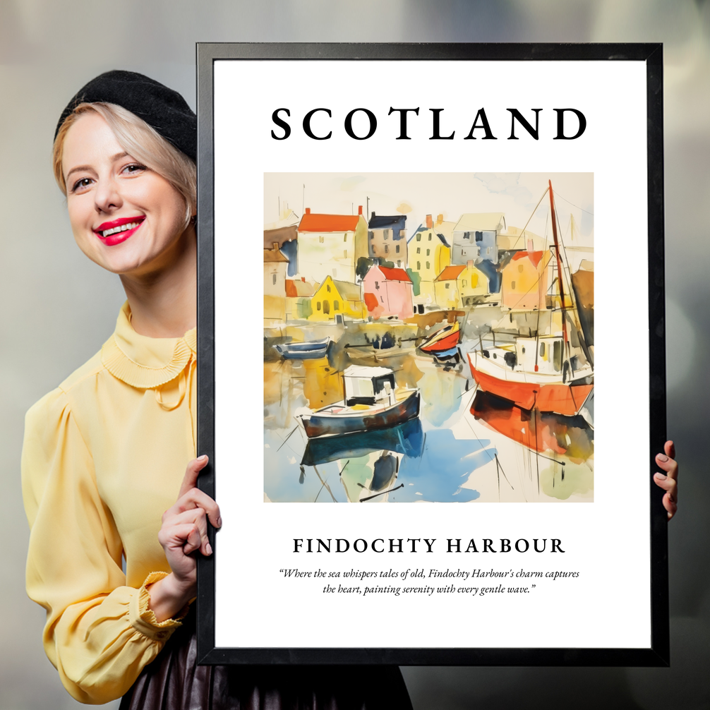 Person holding a poster of Findochty Harbour