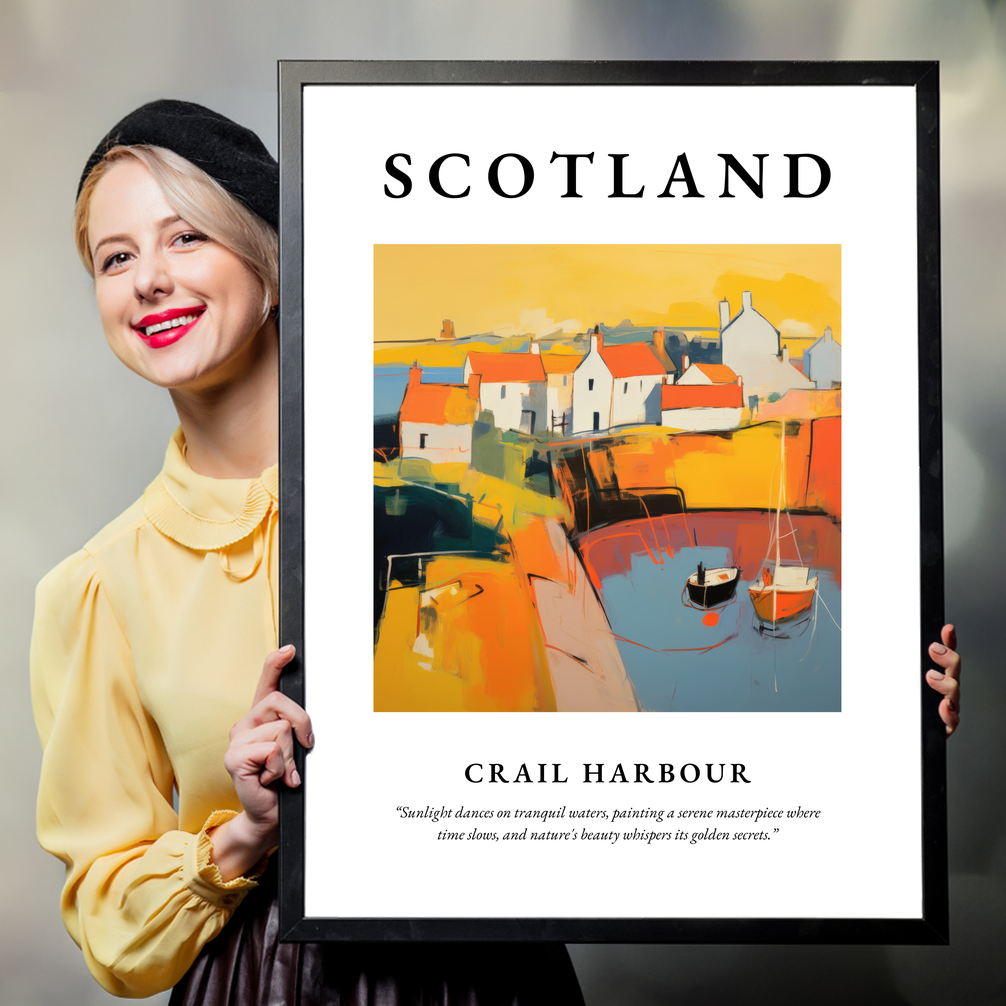 Person holding a poster of Crail Harbour