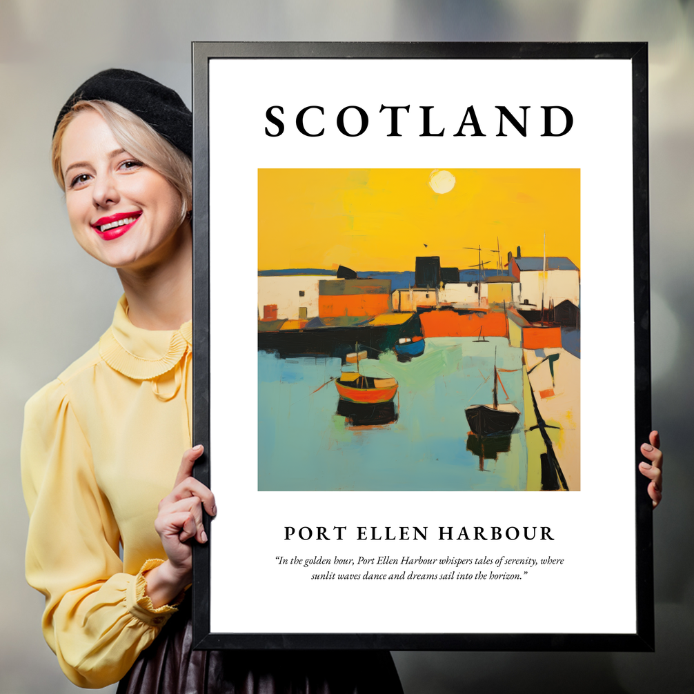 Person holding a poster of Port Ellen Harbour