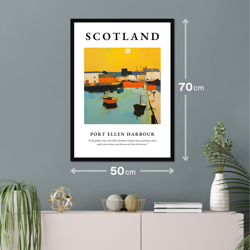 Poster of Port Ellen Harbour hanging on a wall