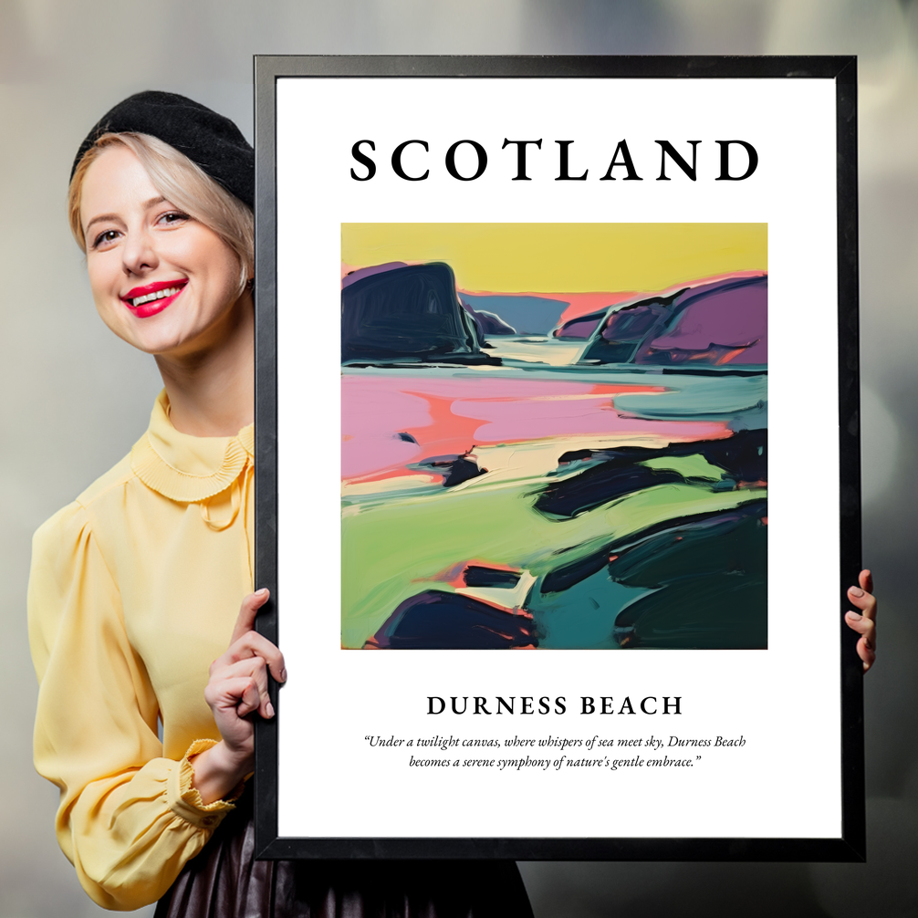 Person holding a poster of Durness Beach