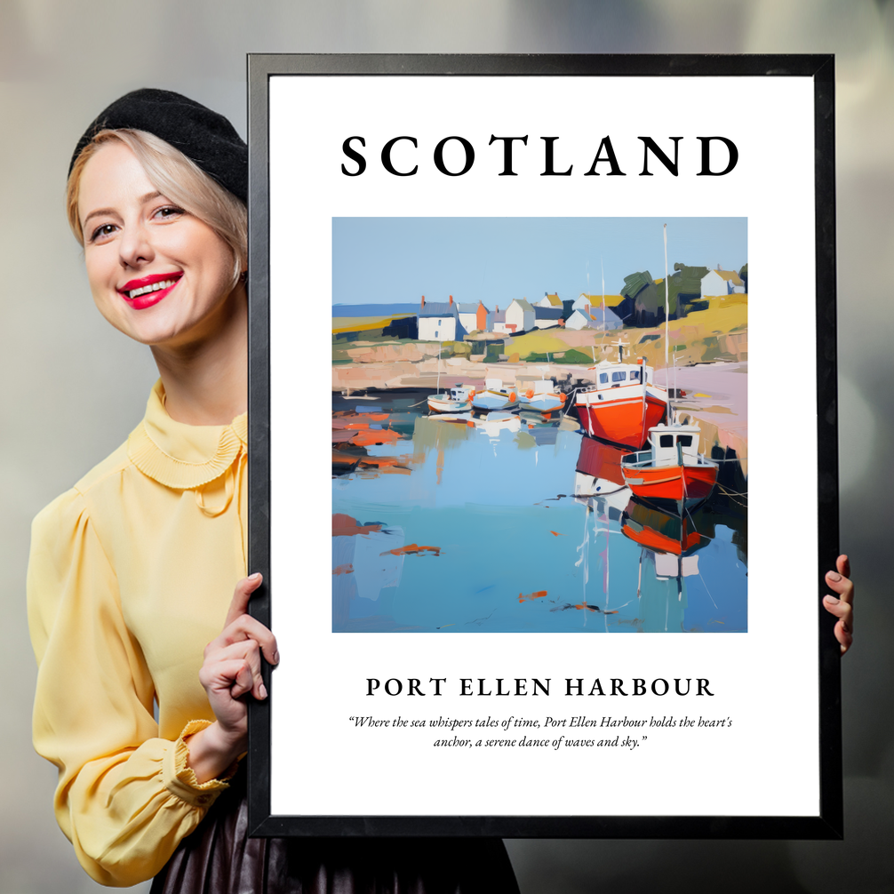 Person holding a poster of Port Ellen Harbour