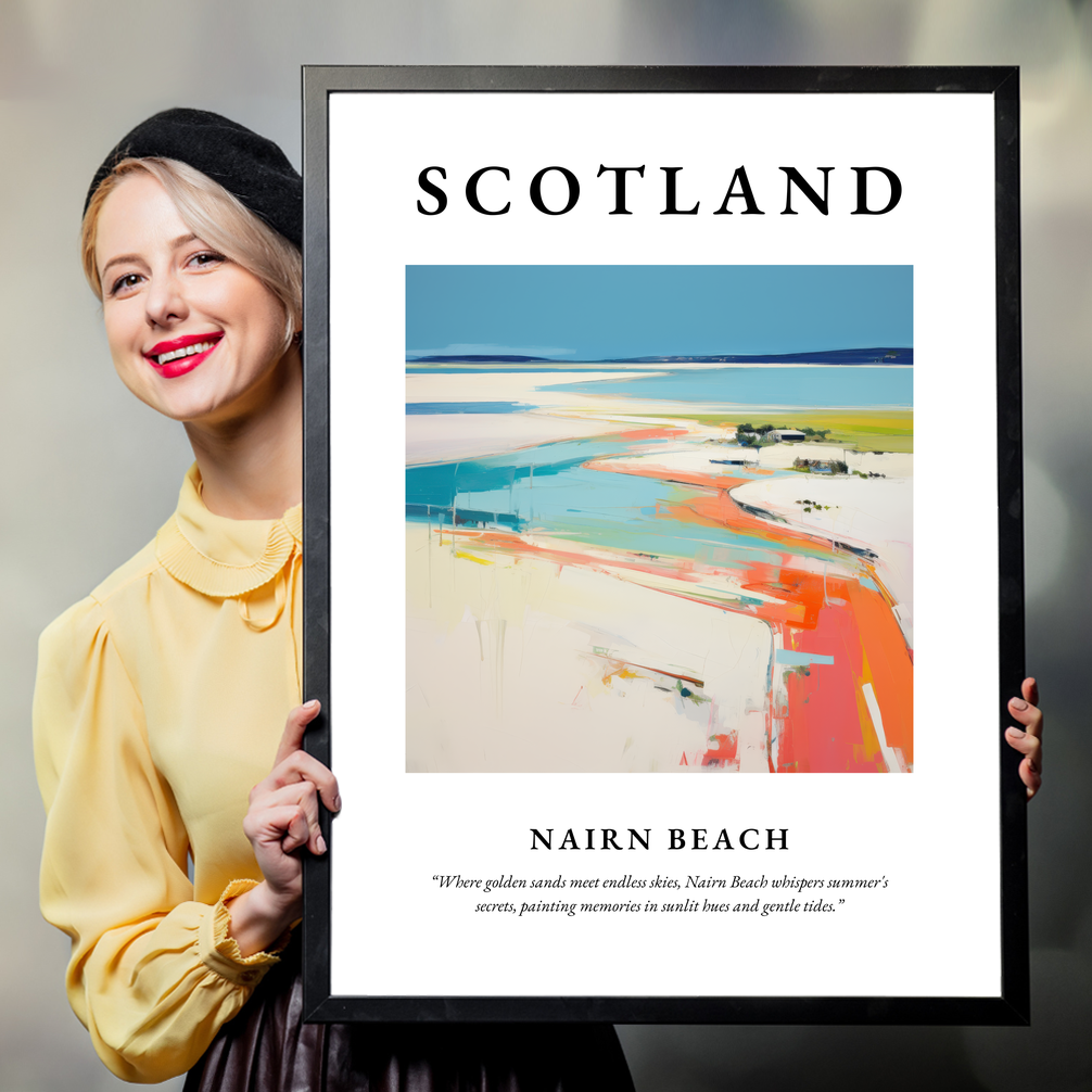 Person holding a poster of Nairn Beach