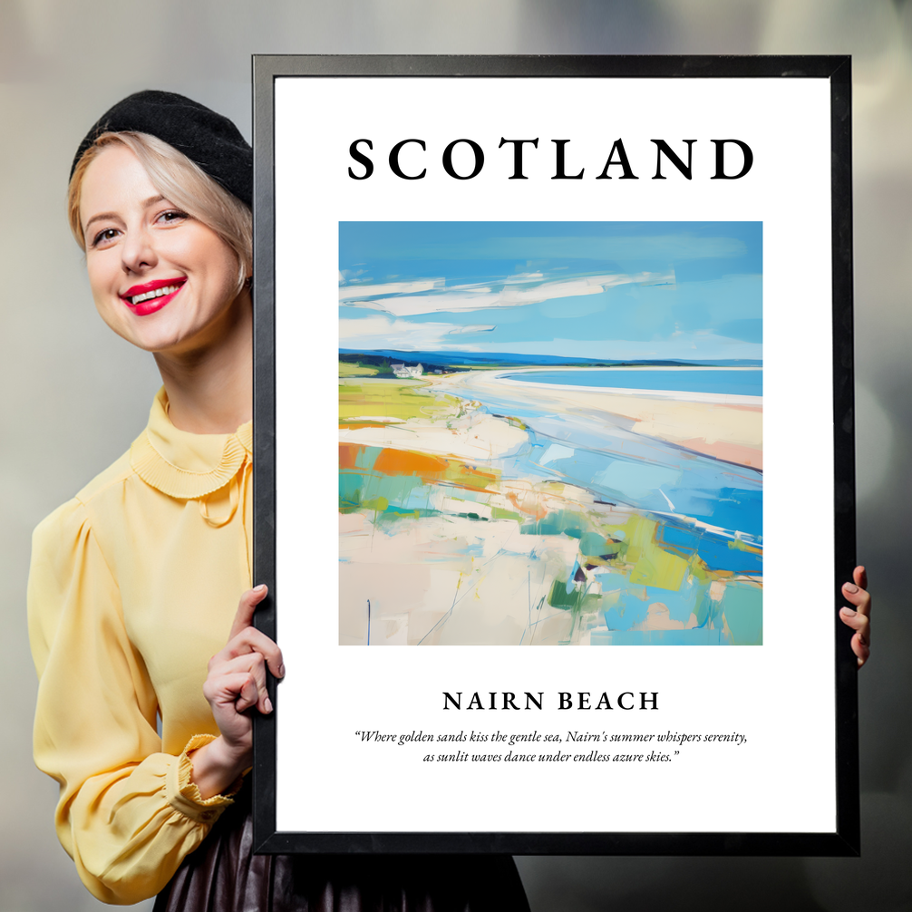 Person holding a poster of Nairn Beach