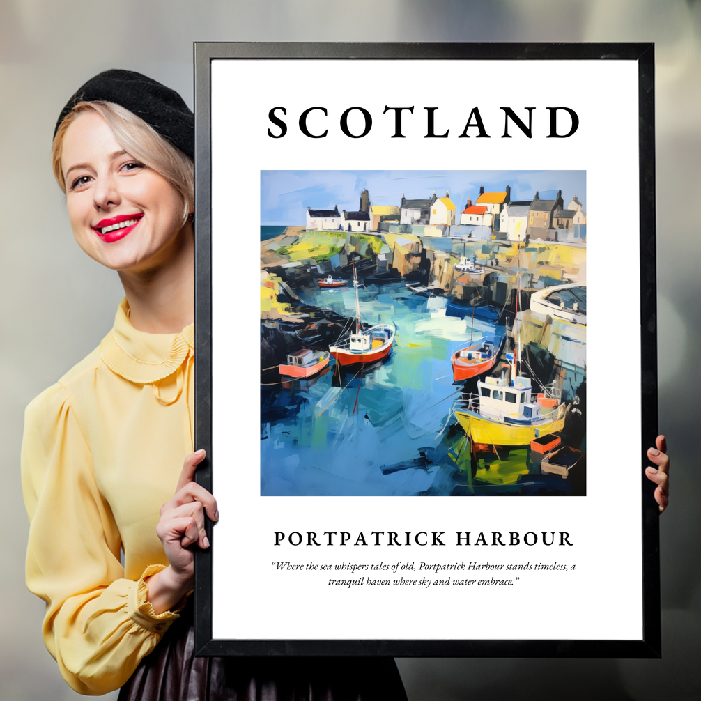 Person holding a poster of Portpatrick Harbour