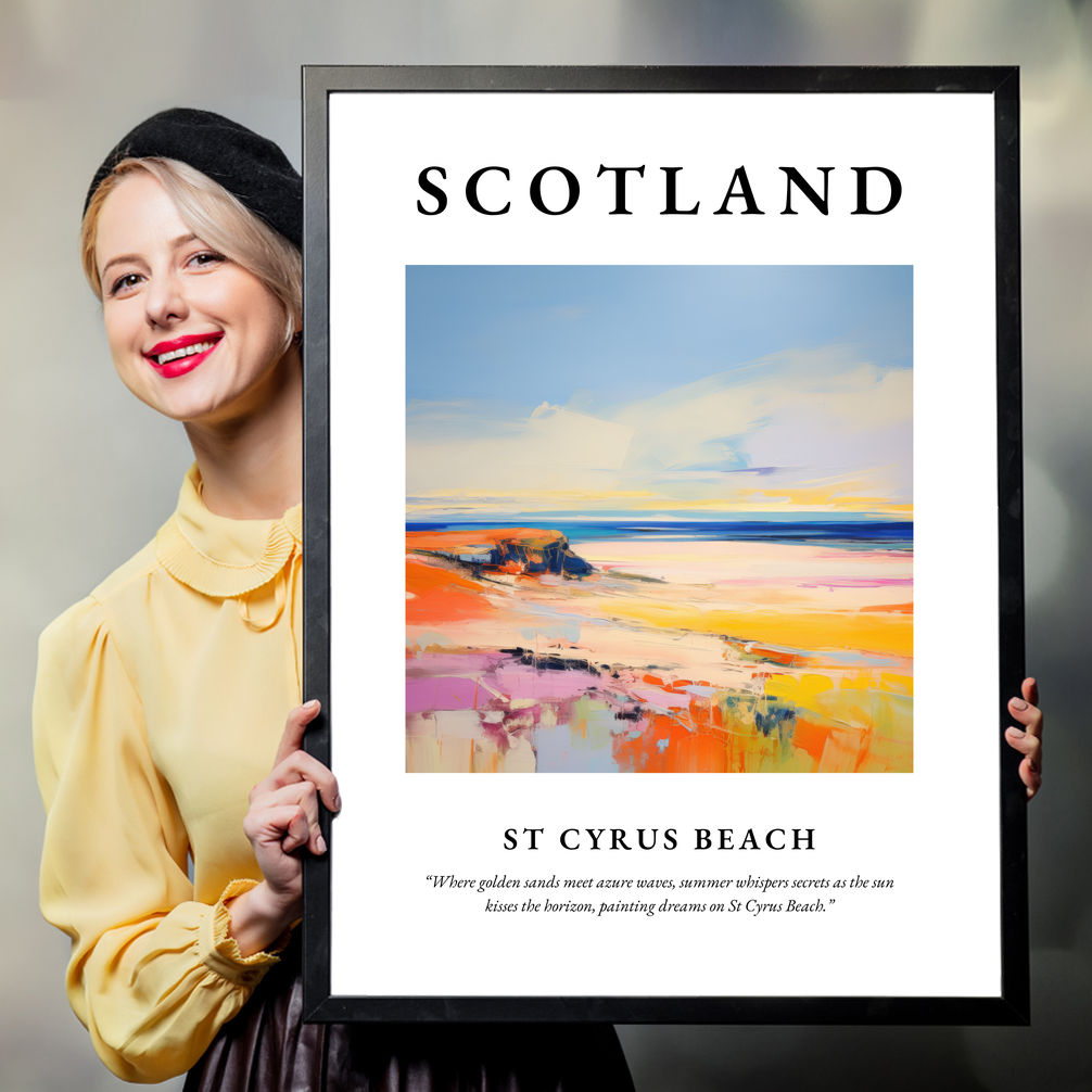 Person holding a poster of St Cyrus Beach