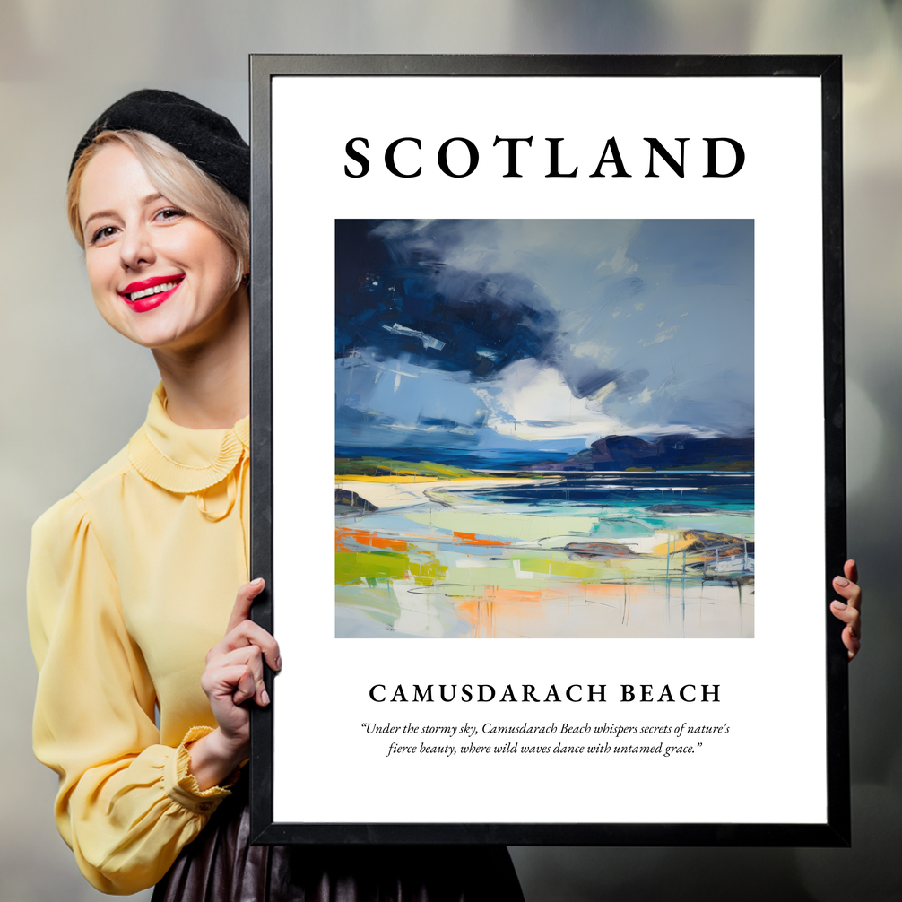 Person holding a poster of Camusdarach Beach