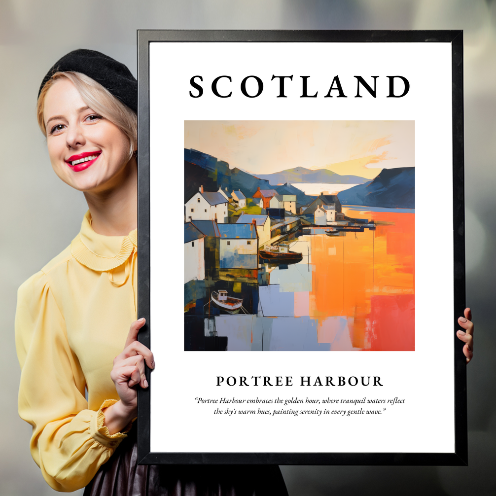 Person holding a poster of Portree Harbour