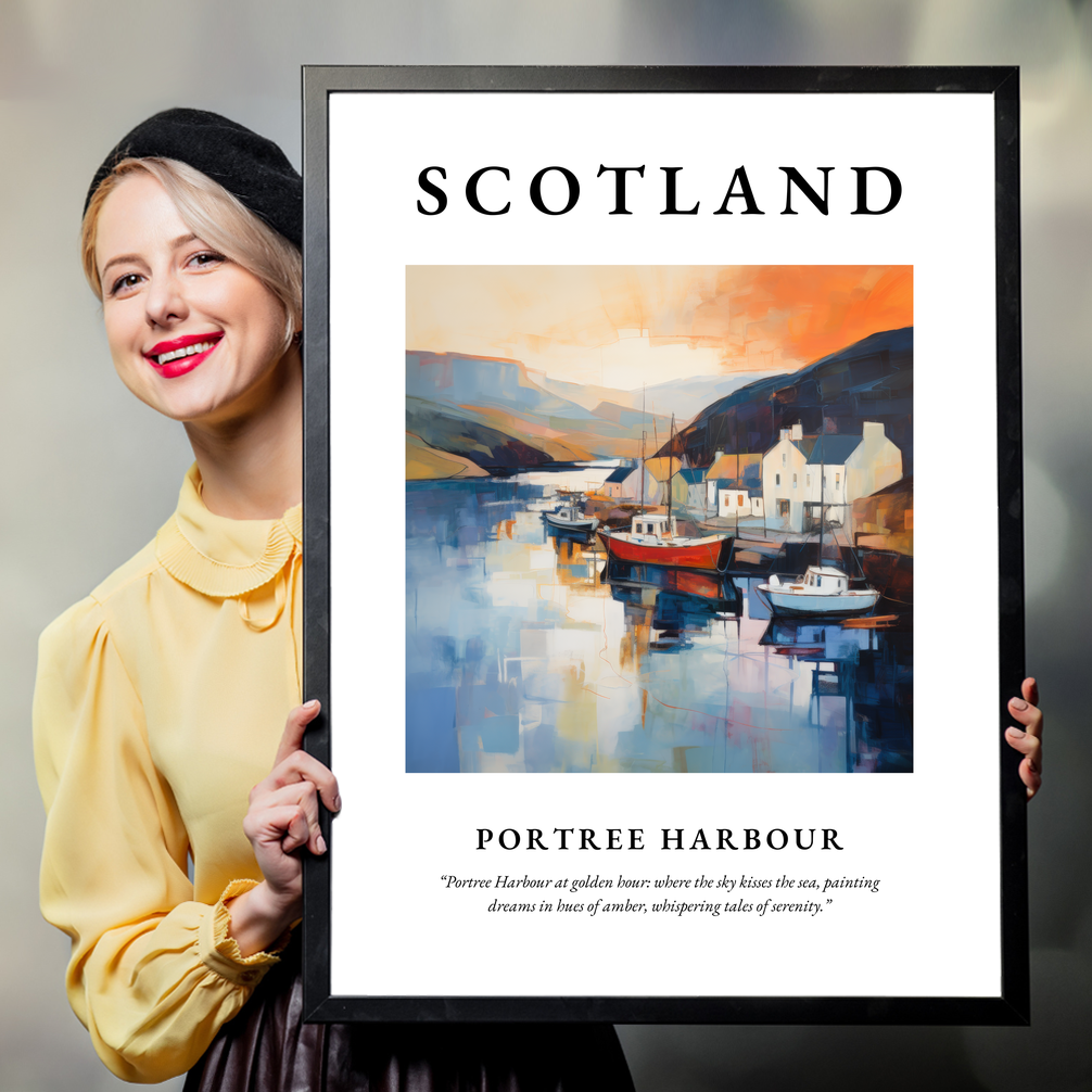 Person holding a poster of Portree Harbour