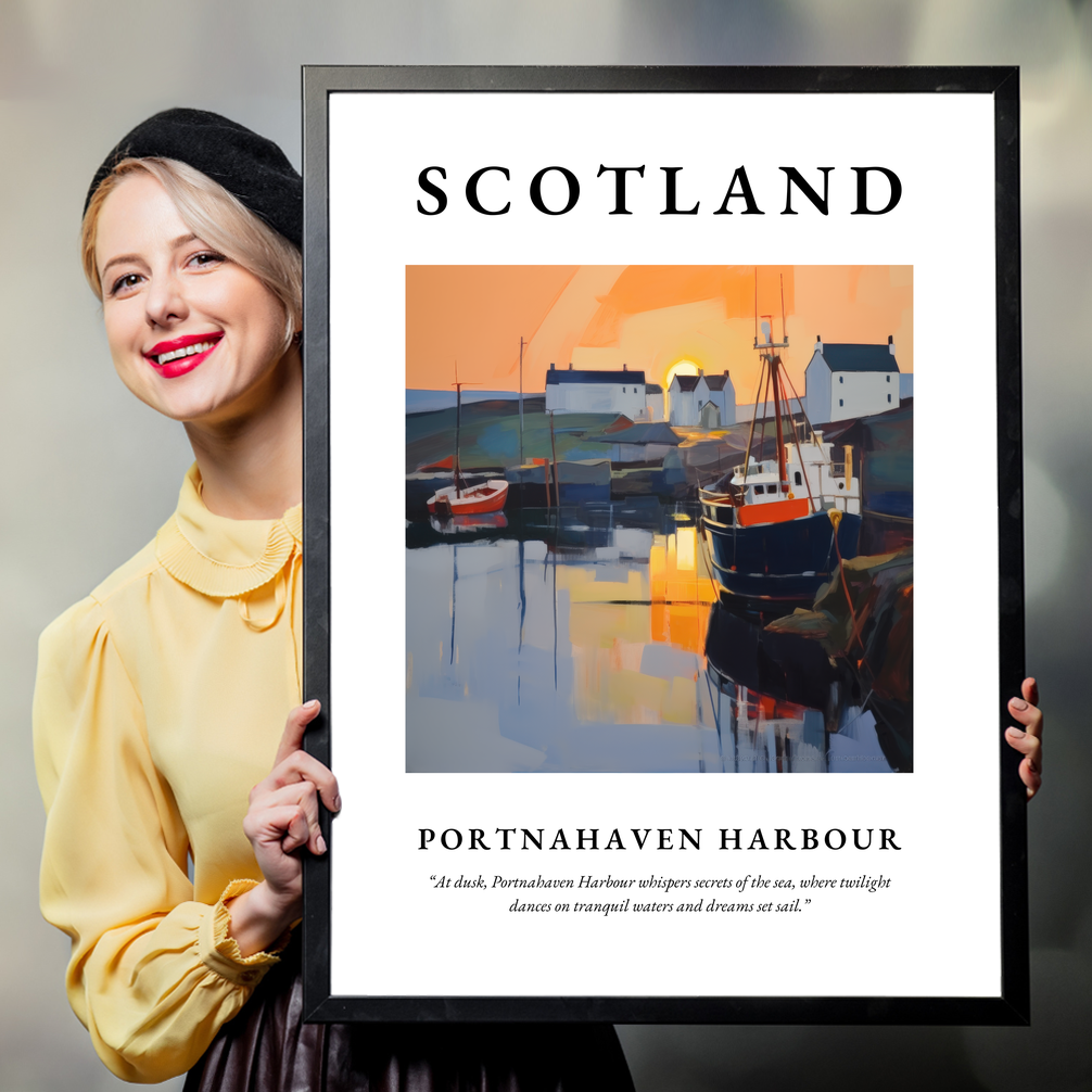 Person holding a poster of Portnahaven Harbour