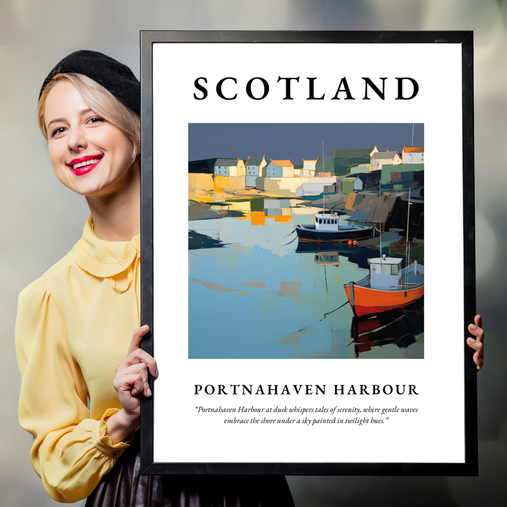 Person holding a poster of Portnahaven Harbour