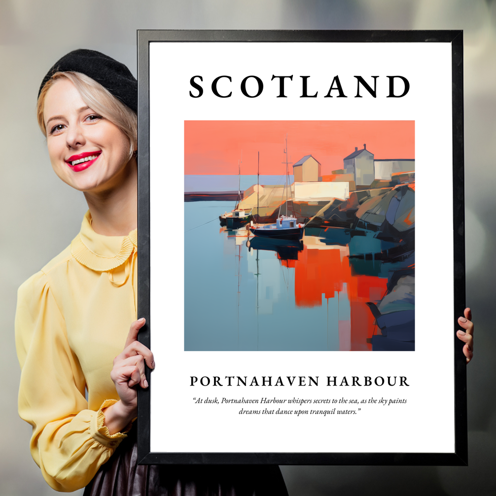 Person holding a poster of Portnahaven Harbour