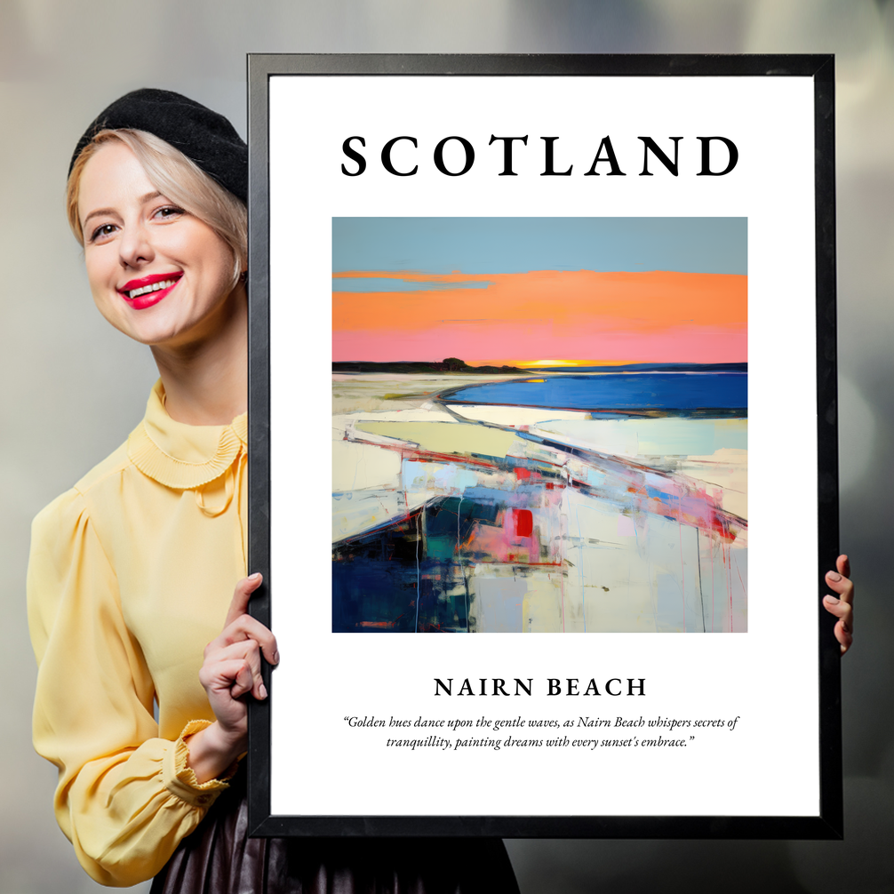 Person holding a poster of Nairn Beach