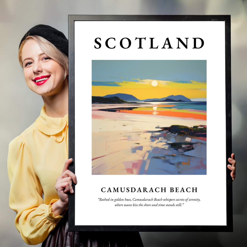 Person holding a poster of Camusdarach Beach