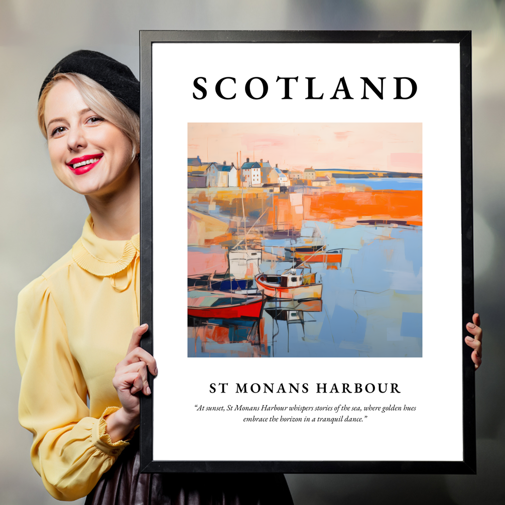 Person holding a poster of St Monans Harbour