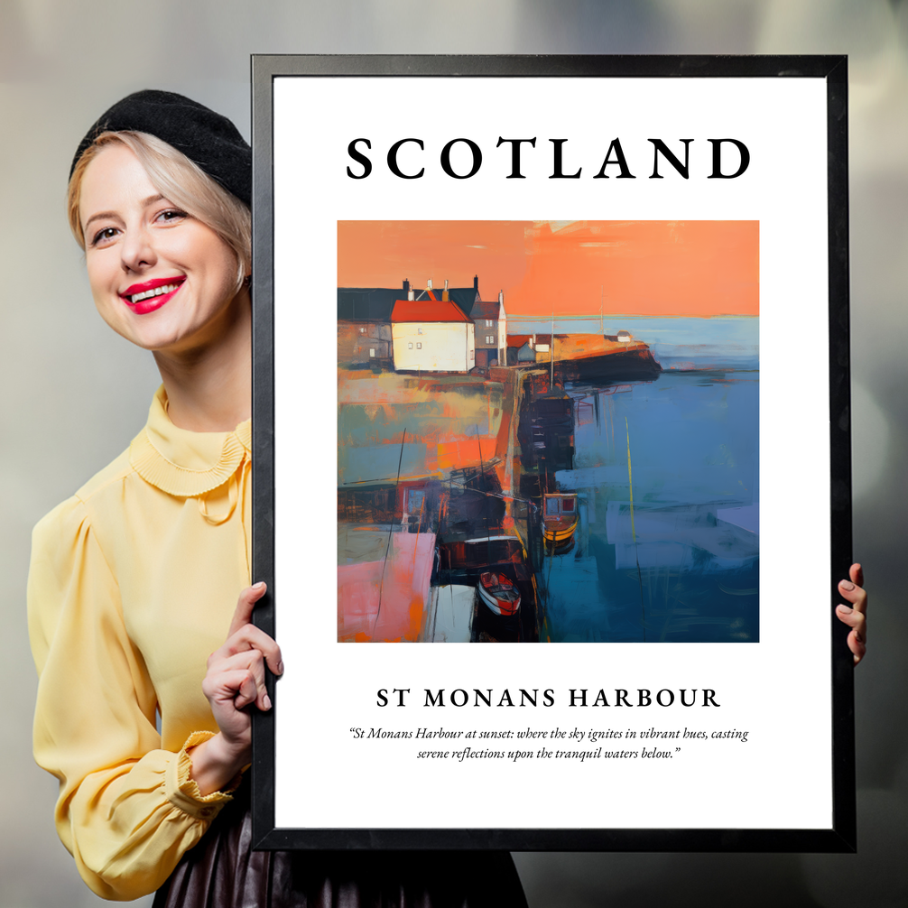 Person holding a poster of St Monans Harbour