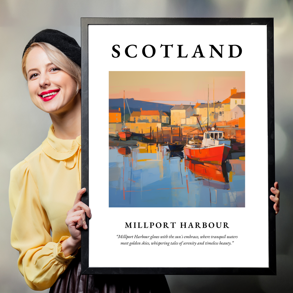 Person holding a poster of Millport Harbour