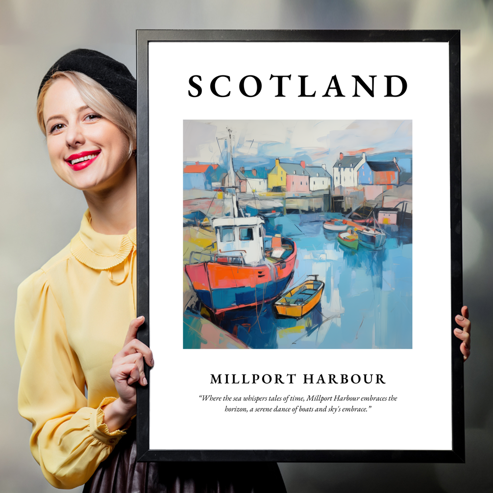 Person holding a poster of Millport Harbour