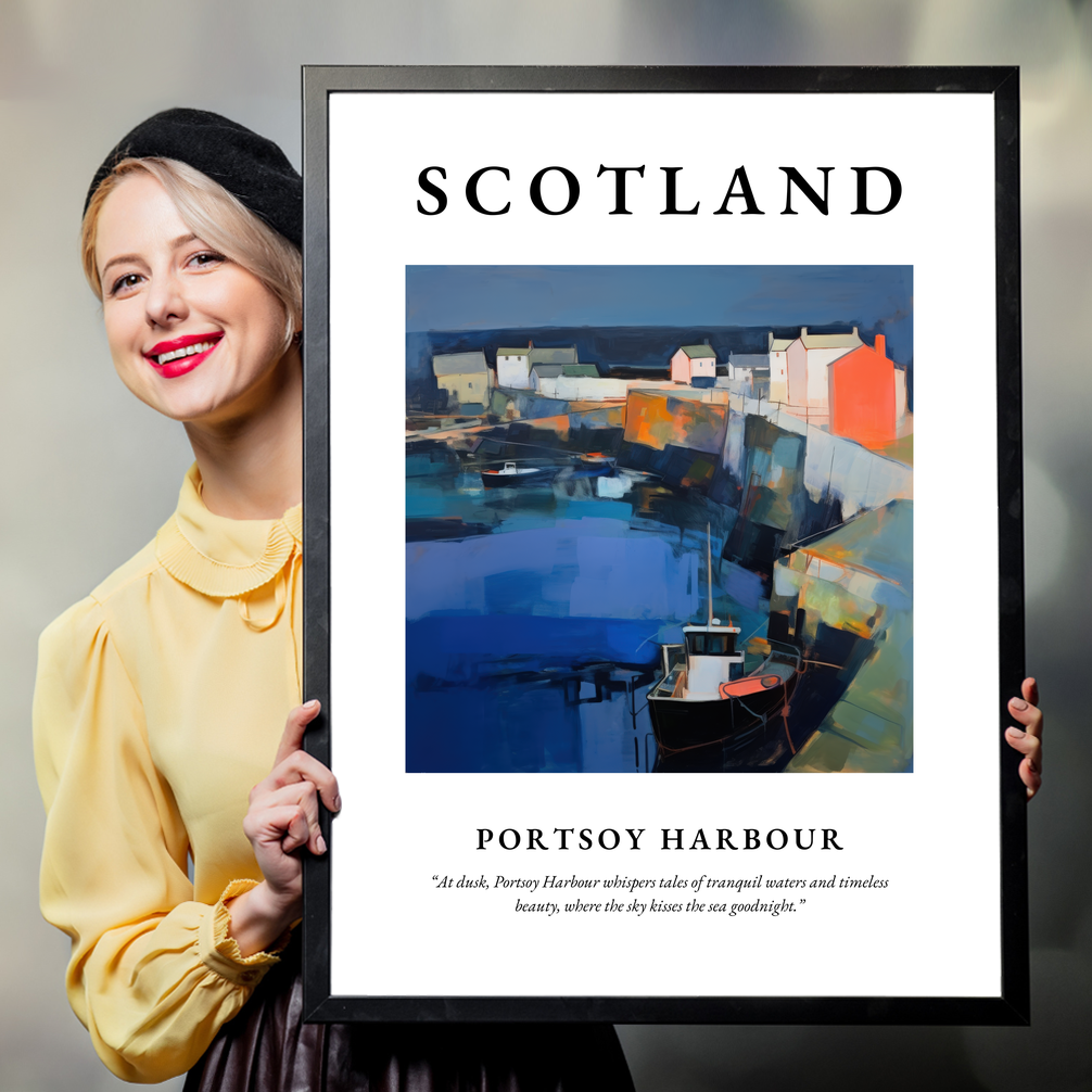 Person holding a poster of Portsoy Harbour