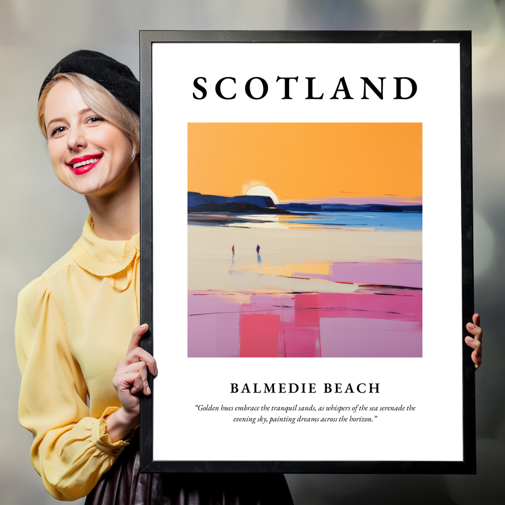 Person holding a poster of Balmedie Beach