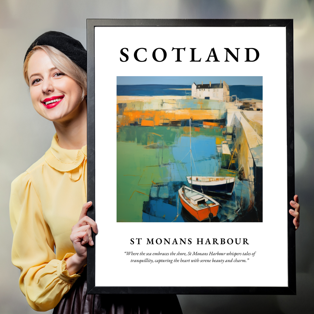 Person holding a poster of St Monans Harbour