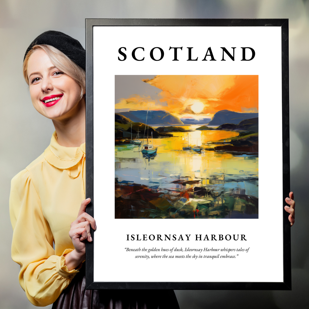 Person holding a poster of Isleornsay Harbour