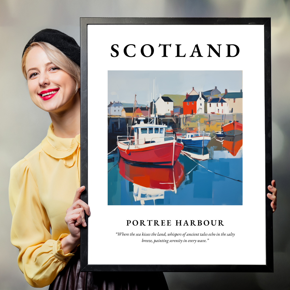 Person holding a poster of Portree Harbour