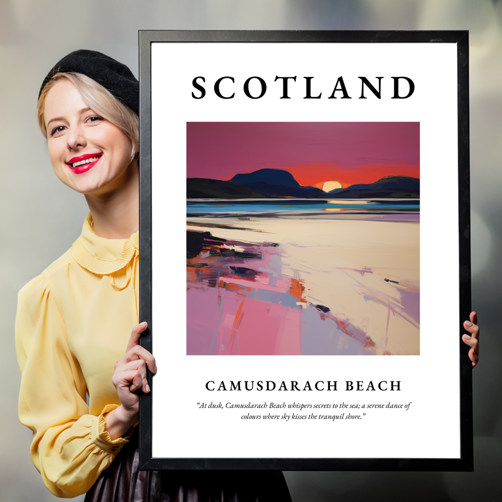 Person holding a poster of Camusdarach Beach