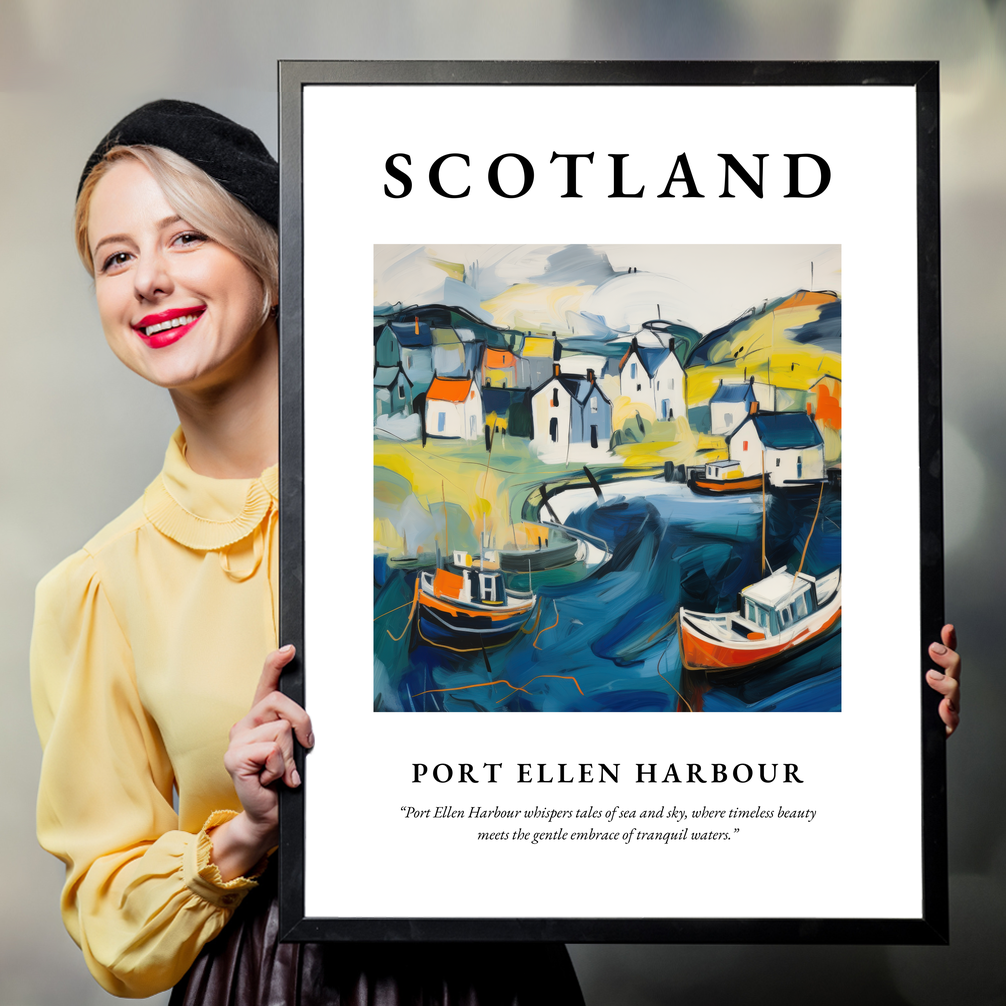 Person holding a poster of Port Ellen Harbour