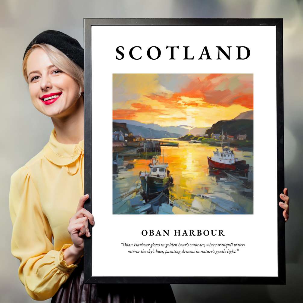 Person holding a poster of Oban Harbour