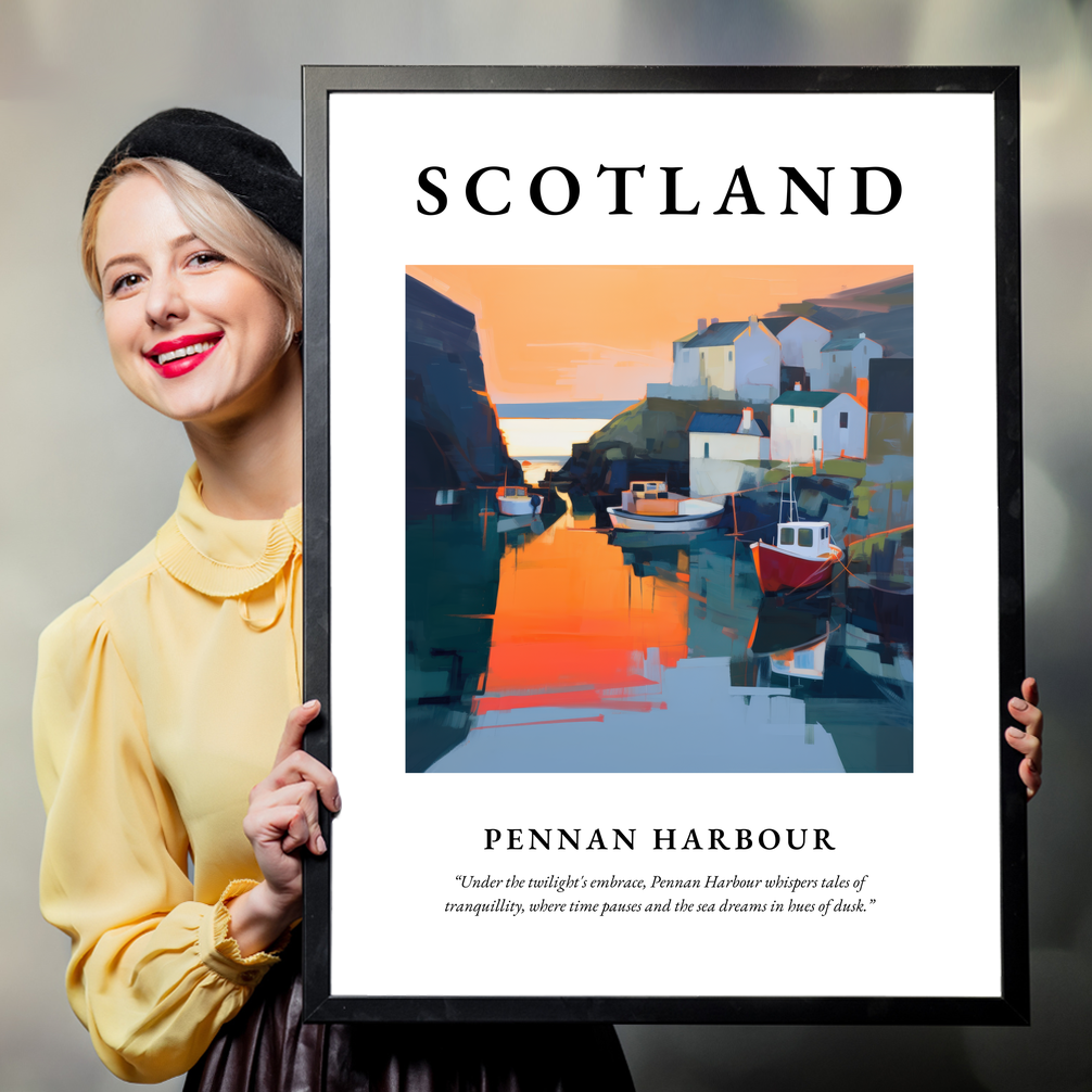 Person holding a poster of Pennan Harbour