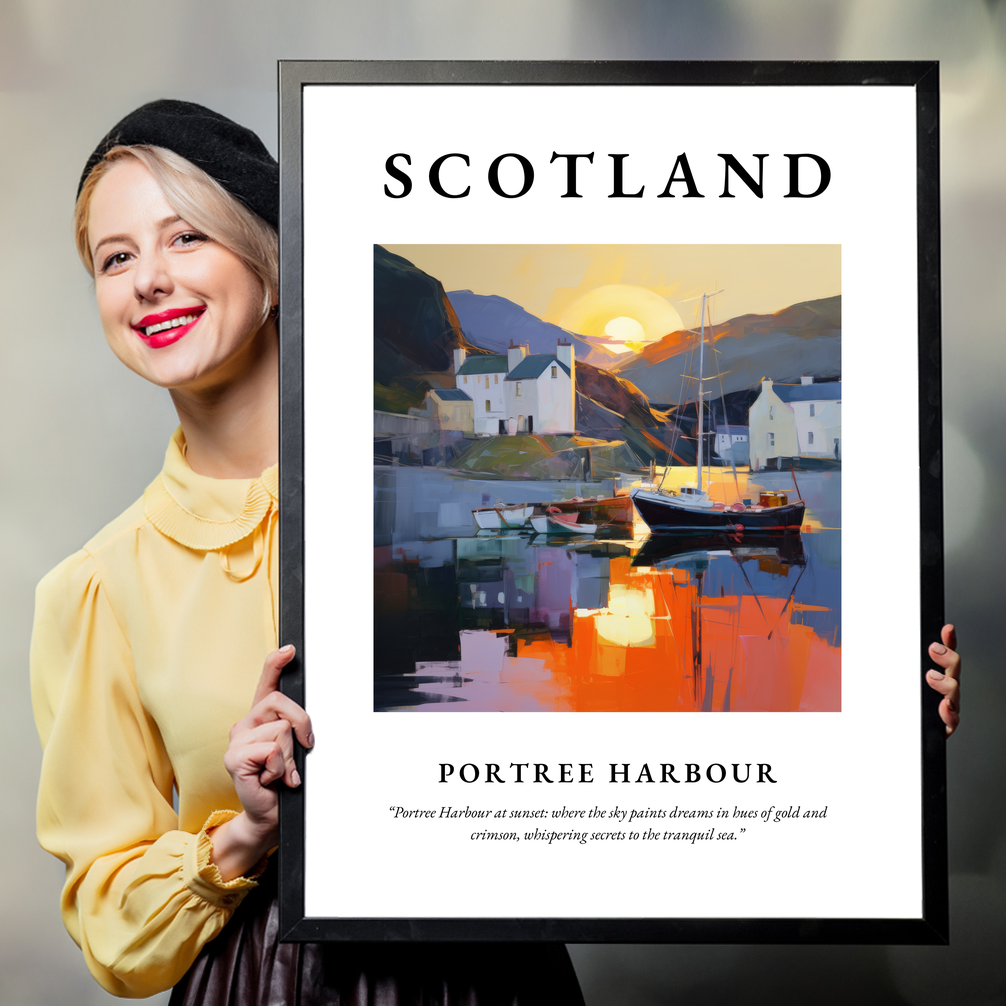 Person holding a poster of Portree Harbour