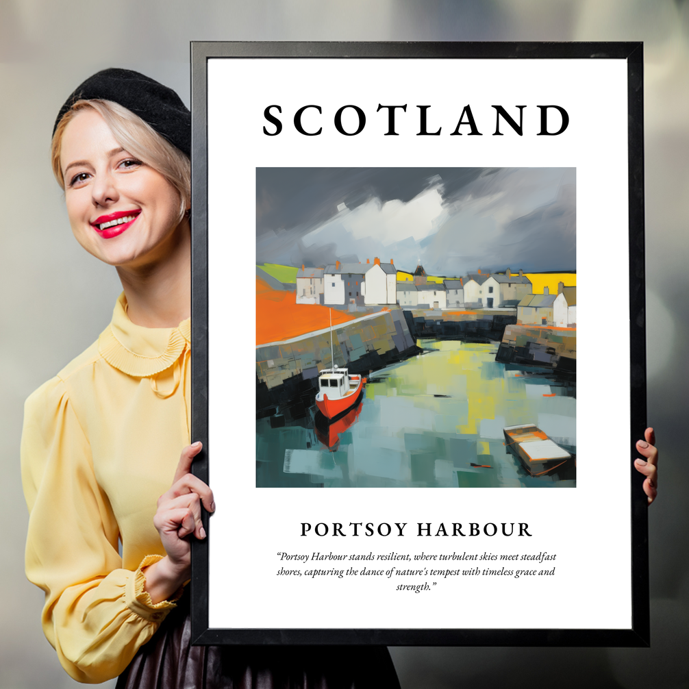 Person holding a poster of Portsoy Harbour