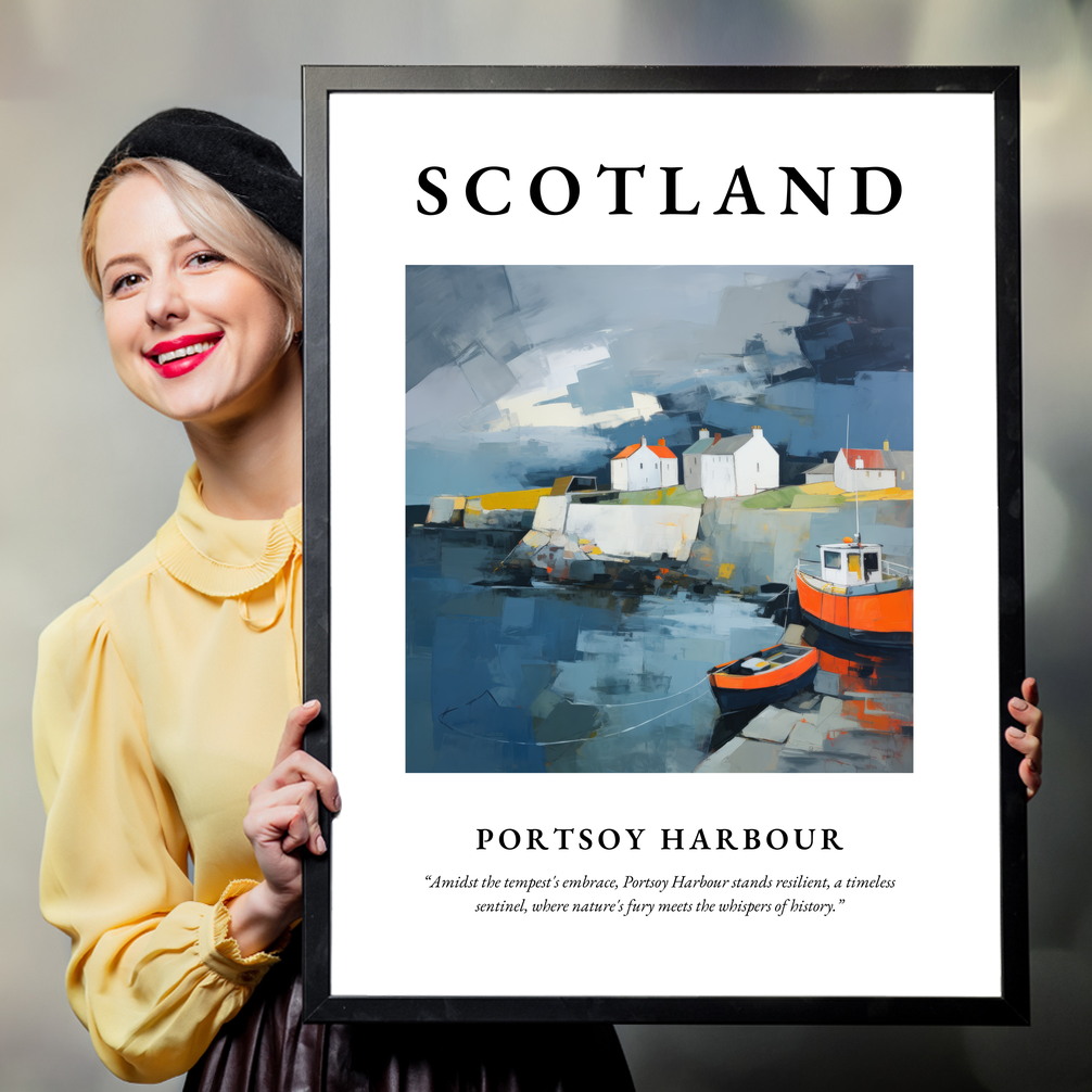 Person holding a poster of Portsoy Harbour