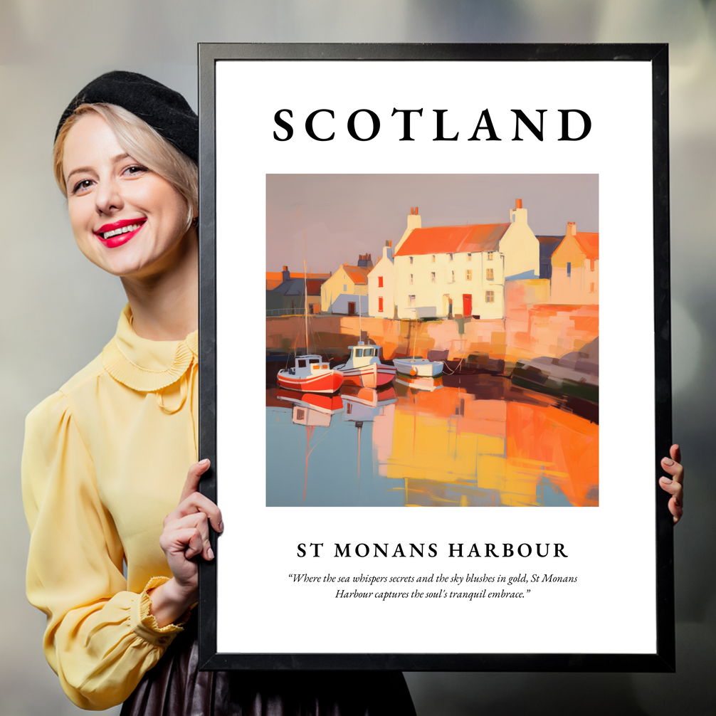 Person holding a poster of St Monans Harbour