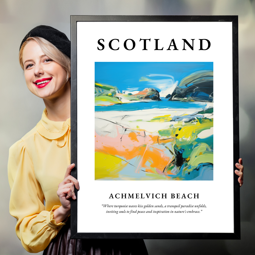 Person holding a poster of Achmelvich Beach