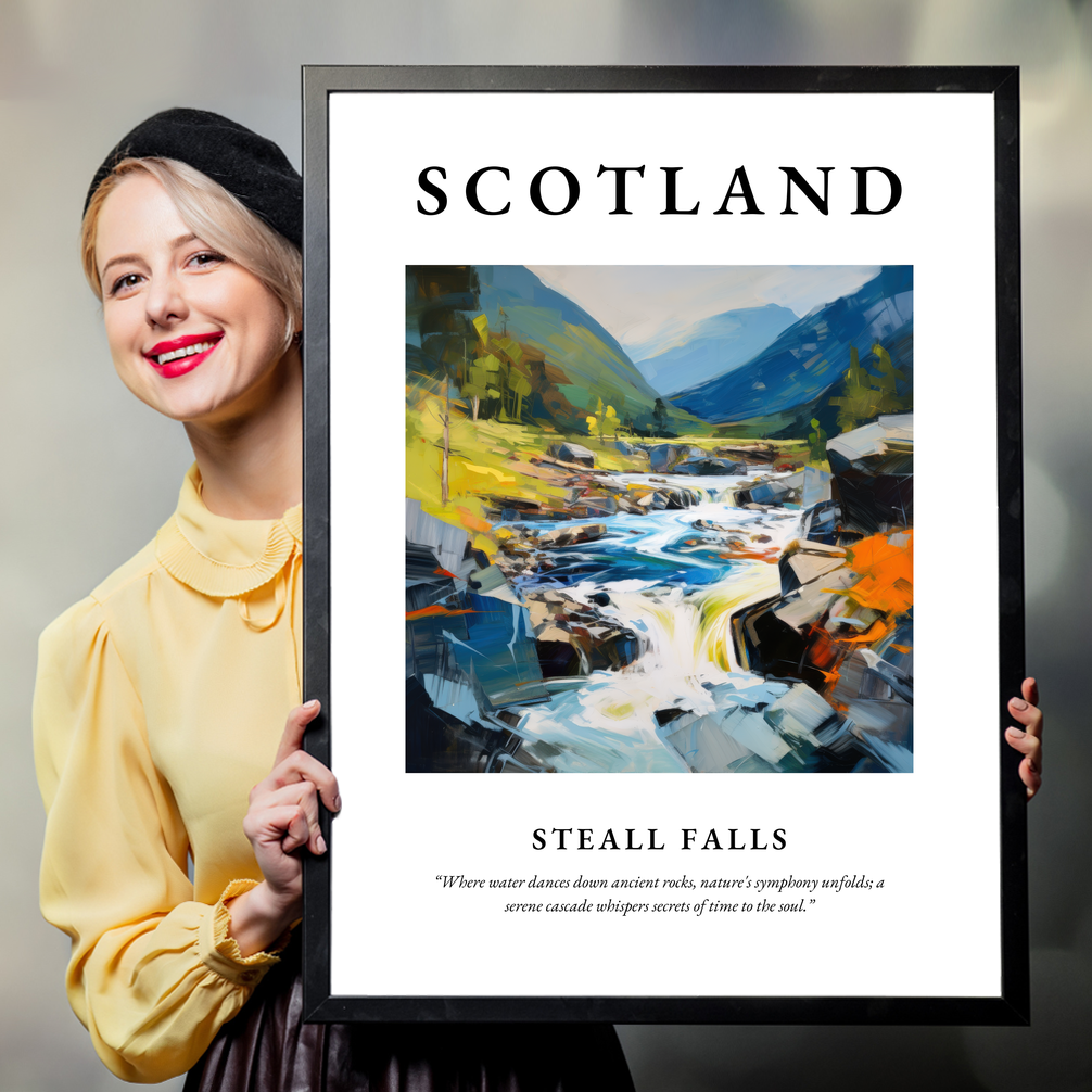 Person holding a poster of Steall Falls