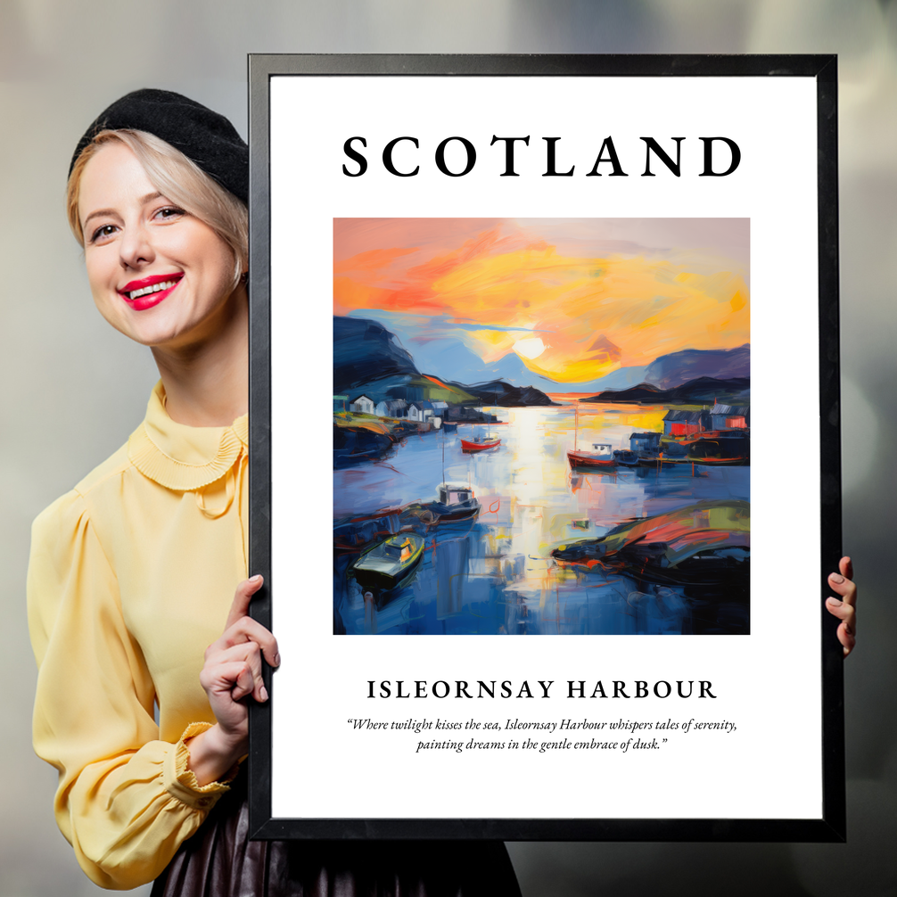 Person holding a poster of Isleornsay Harbour