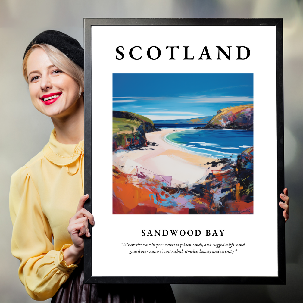 Person holding a poster of Sandwood Bay