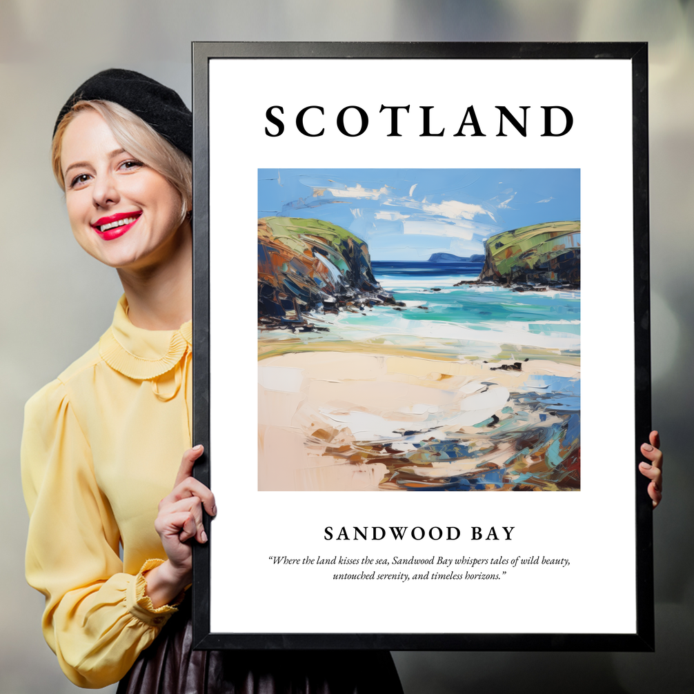 Person holding a poster of Sandwood Bay