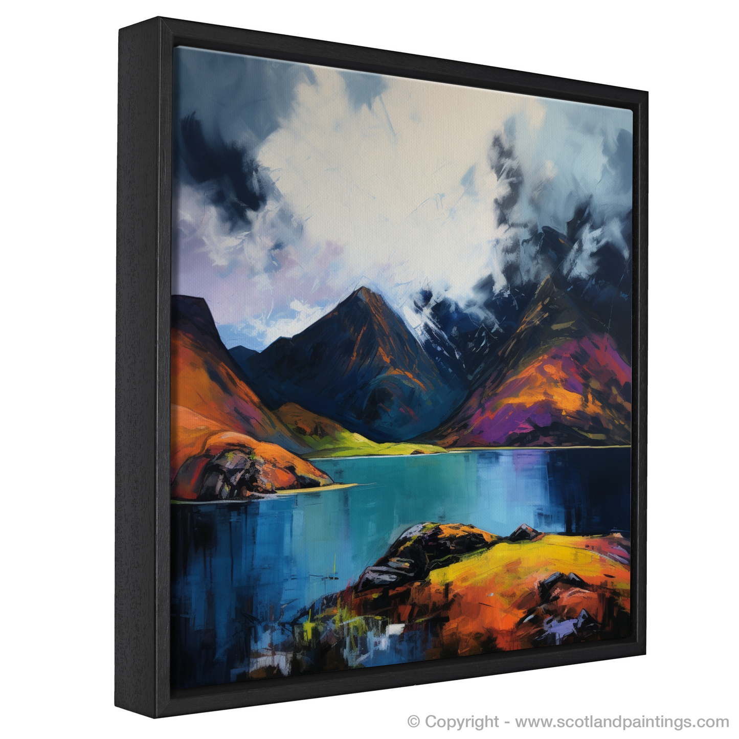 Painting and Art Print of Loch Coruisk with a stormy sky entitled "Stormy Embrace of Loch Coruisk".