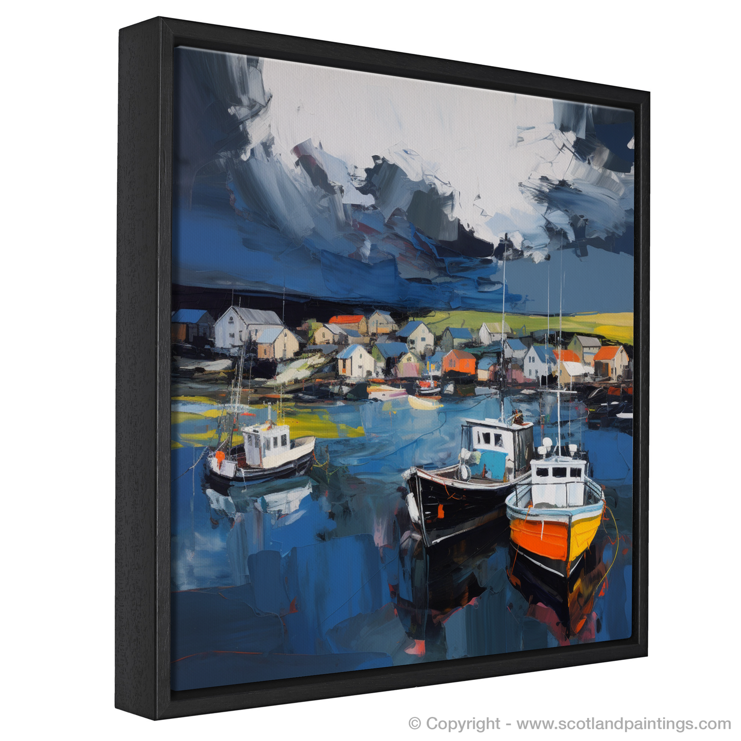 Painting and Art Print of St Abba's Harbour with a stormy sky entitled "Storm Over St Abba's Harbour: An Expressionist Ode to Scottish Resilience".