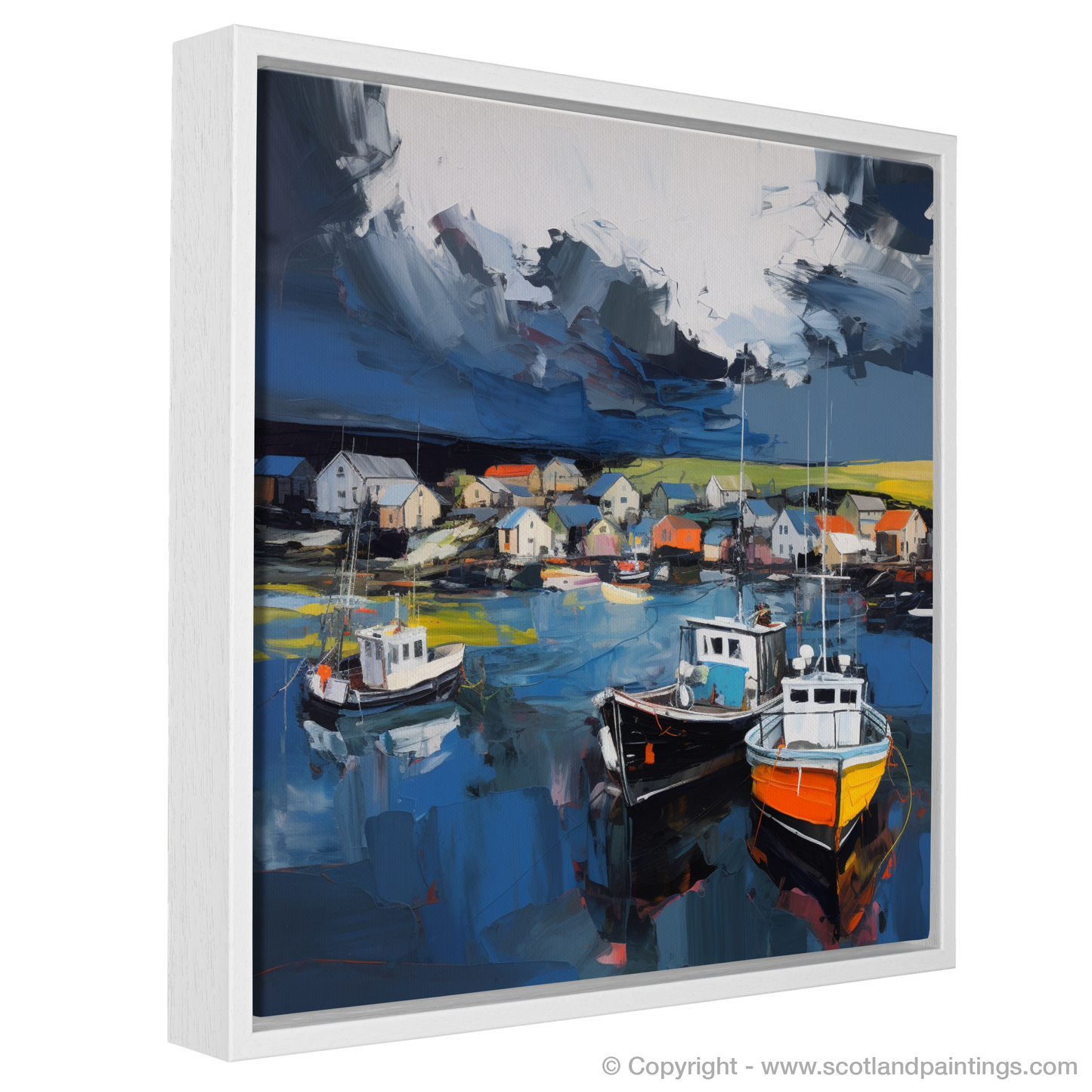 Painting and Art Print of St Abba's Harbour with a stormy sky entitled "Storm Over St Abba's Harbour: An Expressionist Ode to Scottish Resilience".