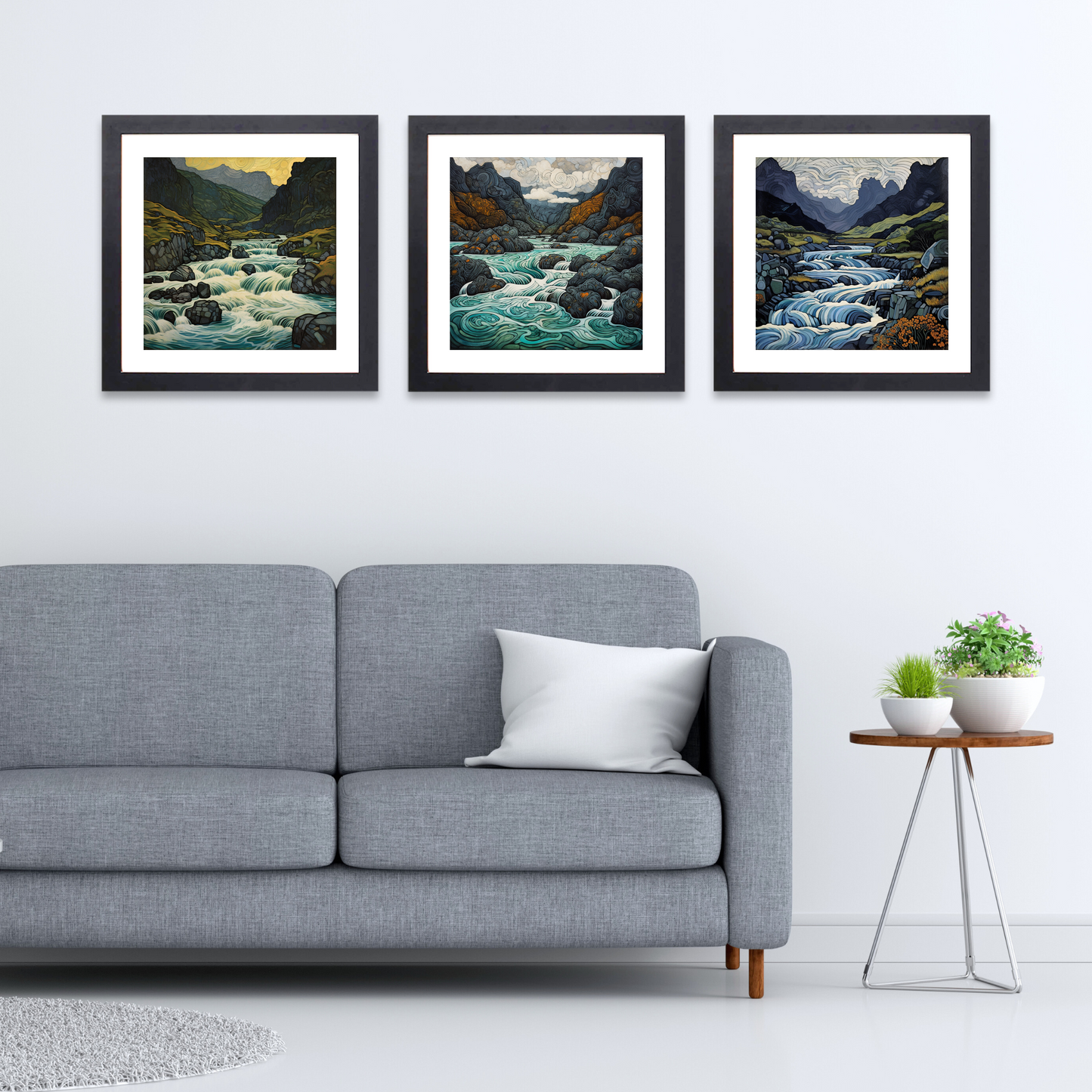 Black frame variant of Isle of Skye Fairy Pools with a stormy sky