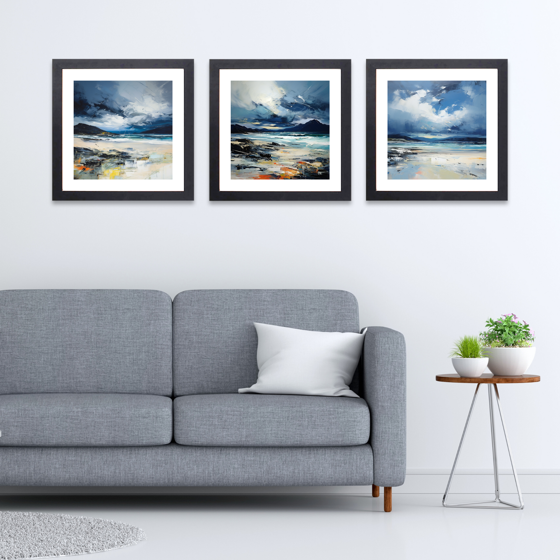 Black frame variant of Camusdarach Beach with a stormy sky