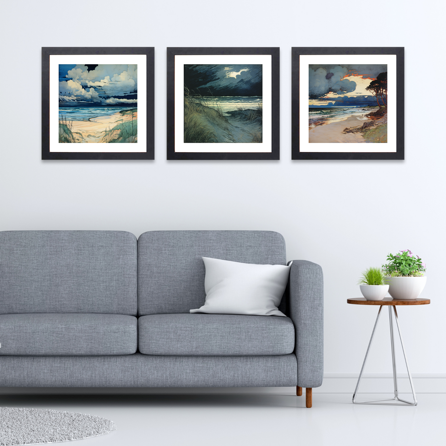 Black frame variant of Nairn Beach with a stormy sky